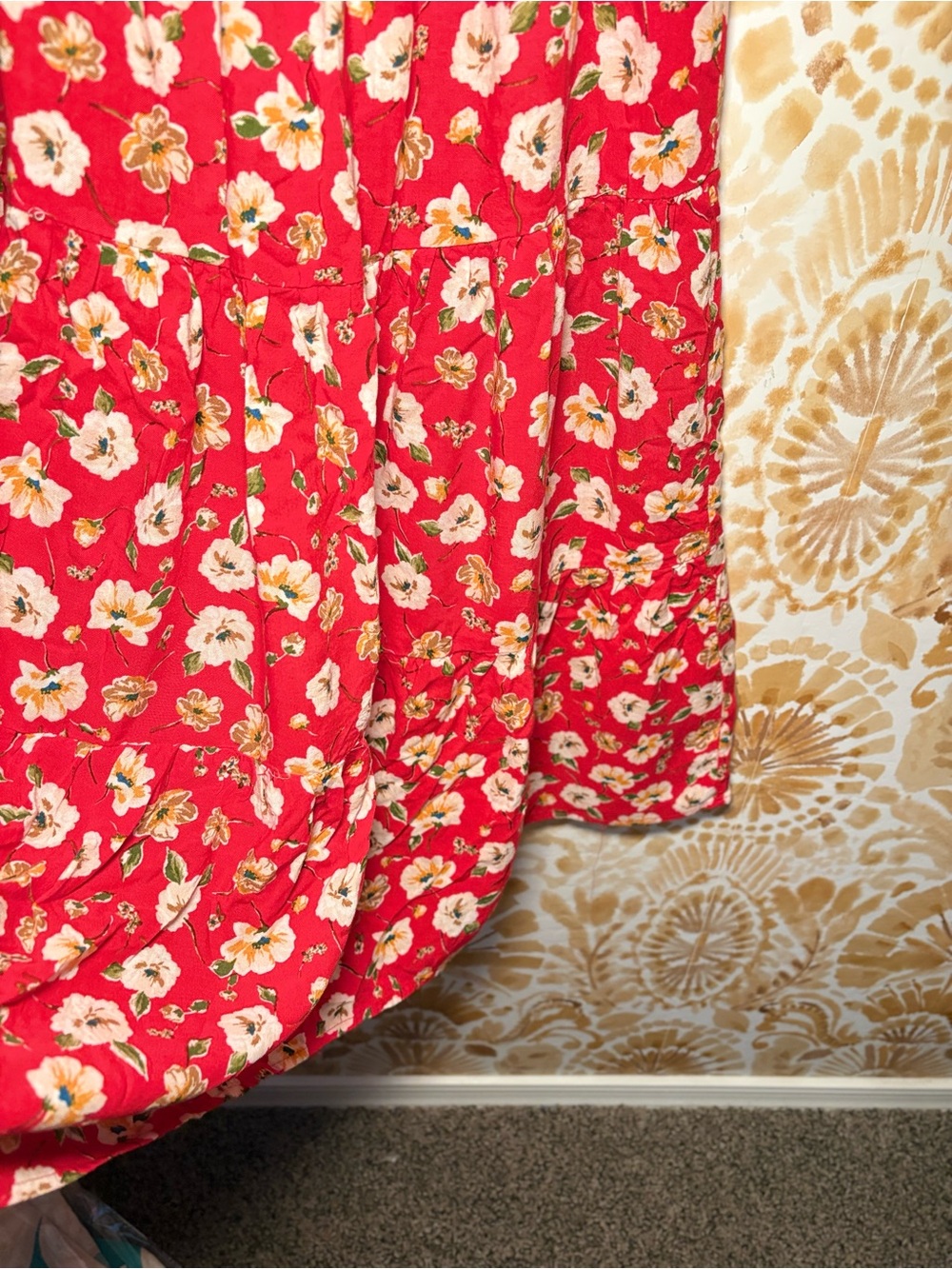 Red Floral Midi Dress Puff Sleeve Scoop Neck Fit Flare Cottagecore Boho Romantic - Picture 7 of 12